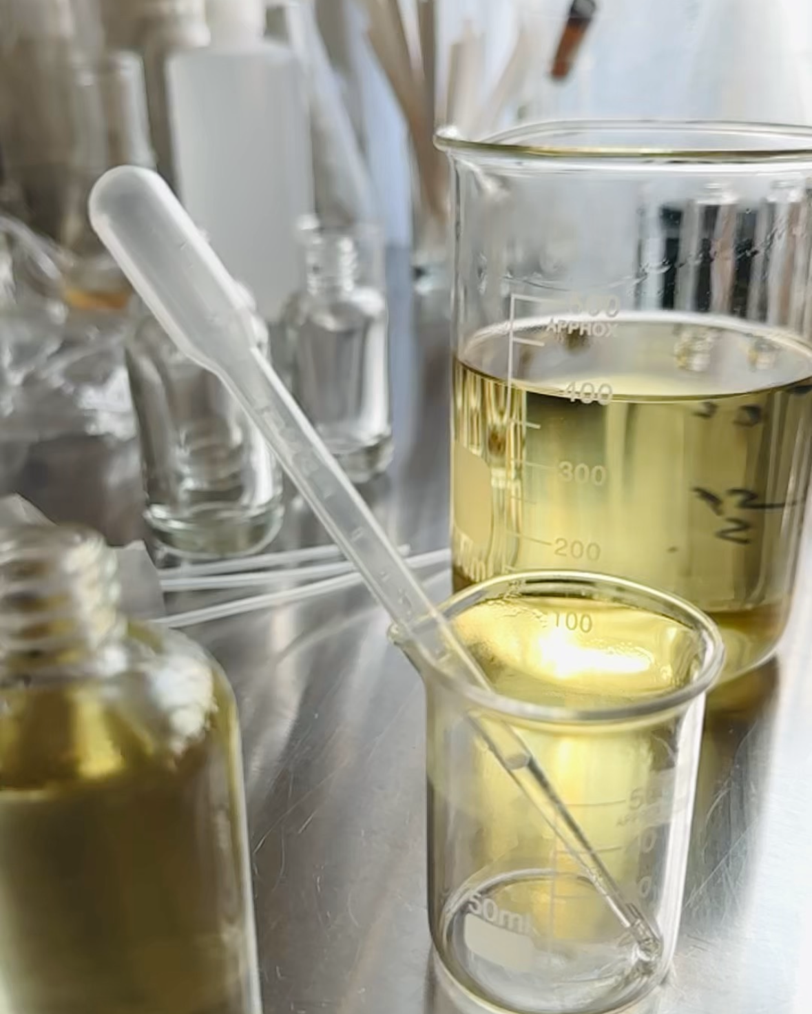 Laboratory setting with beakers, test tubes, and a dropper on a metallic surface.