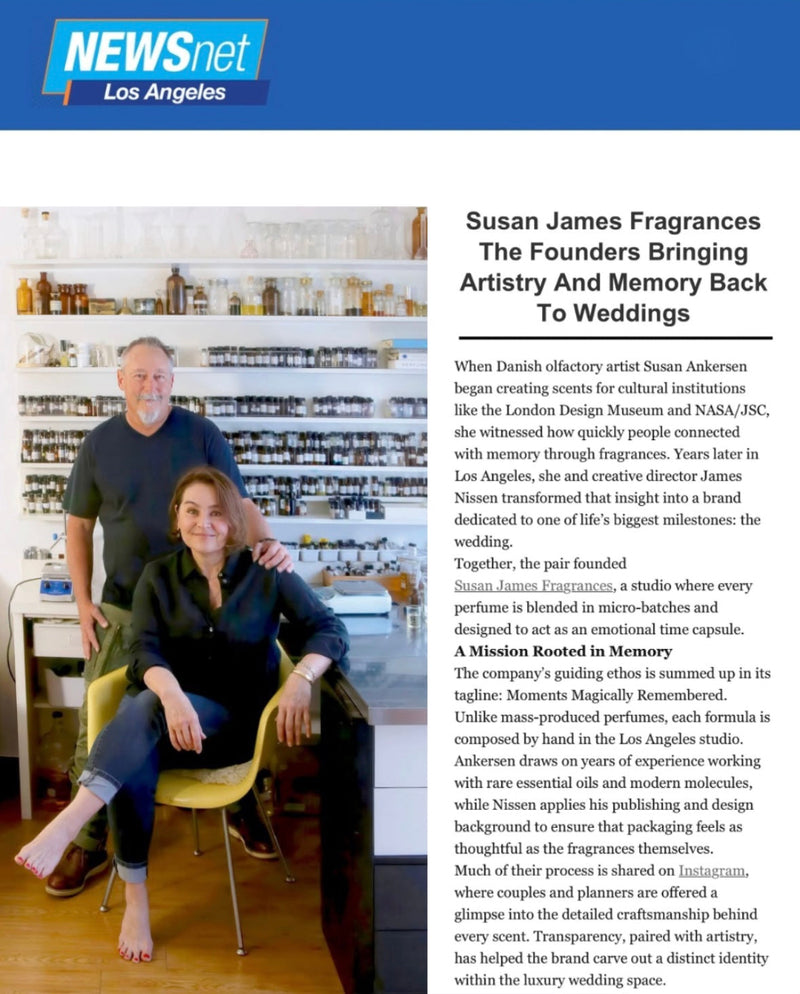 Article about Susan James Fragrances with a photo of two people in a fragrance studio.